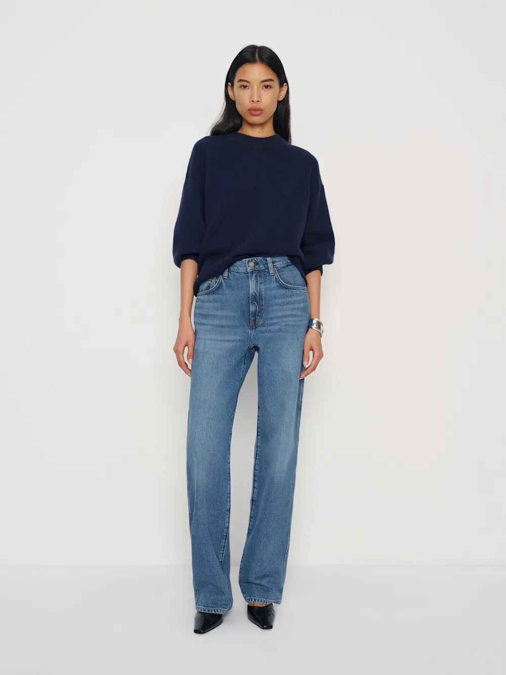 Reformation Navy Sweater with Blue High-Rise Straight Jeans